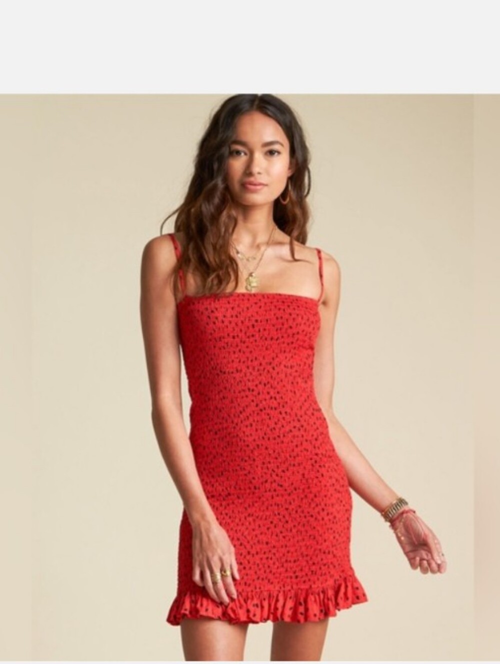 Joules Red Smocked Mini Dress with Ruffle Hem